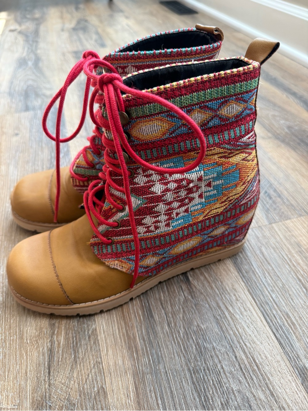 Mojo Moxy Multicolor Aztec Lace-Up Boots with Tan Toe